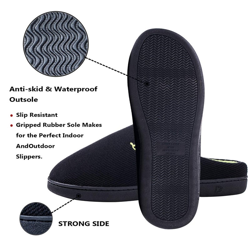 DL Men's Memory Foam Slippers - Comfortable Indoor/Outdoor House Slippers, Warm Soft Flannel Lining, Size 13-14, Black/Green - Image 4